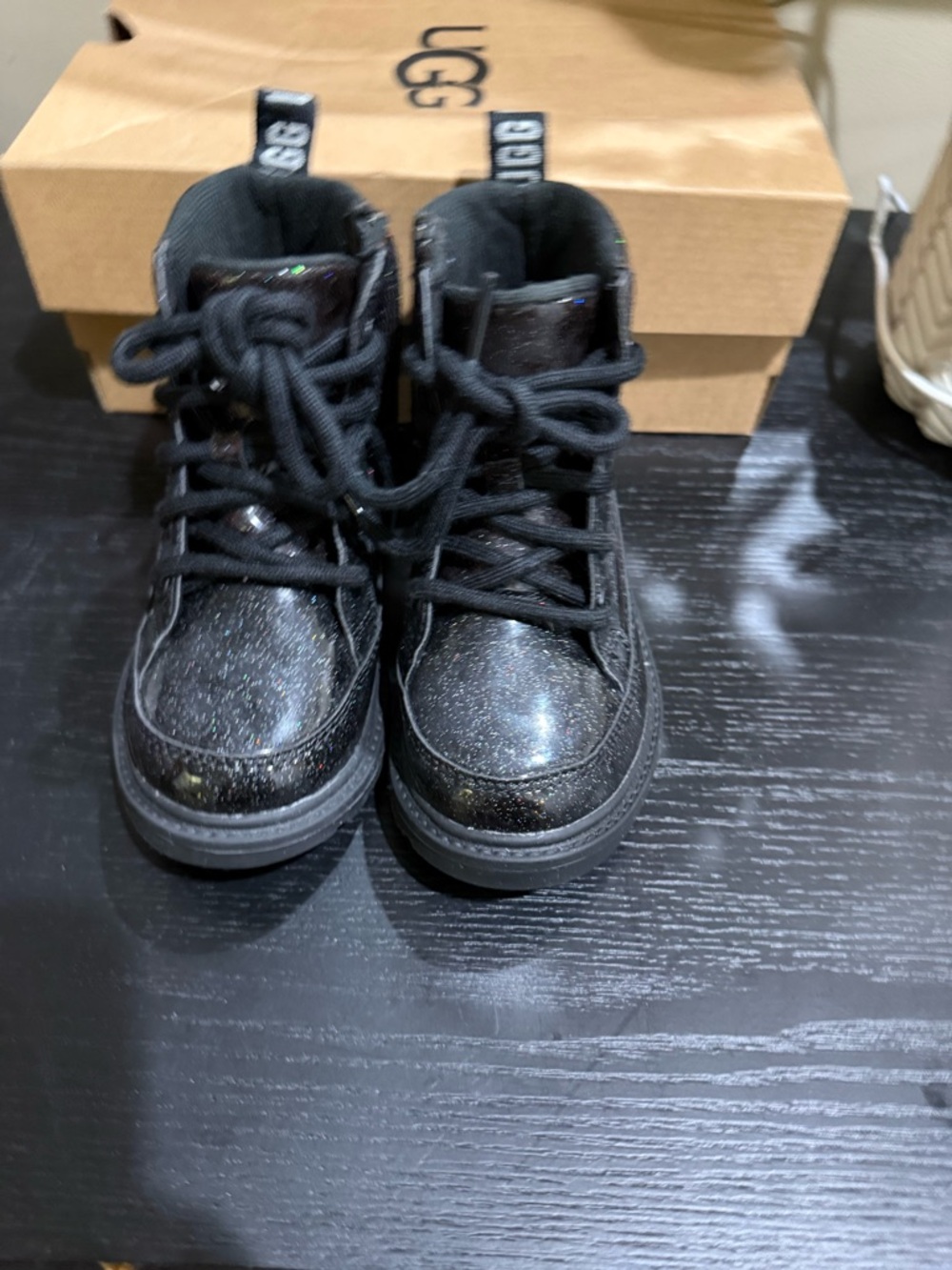 UGG Kids Black Glitter Lace-Up Boots